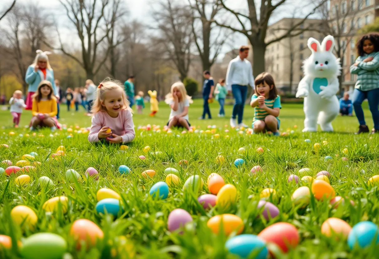 Families enjoy the Aiken Community Easter Egg Hunt with colorful eggs in the park.