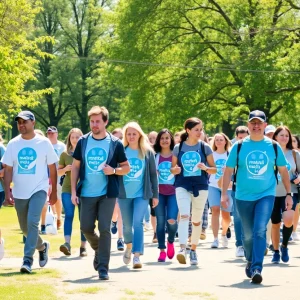 Community members walking in a park for mental health awareness.