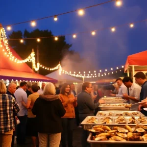 Crowd enjoying the annual oyster roast event in Aiken with food and music.