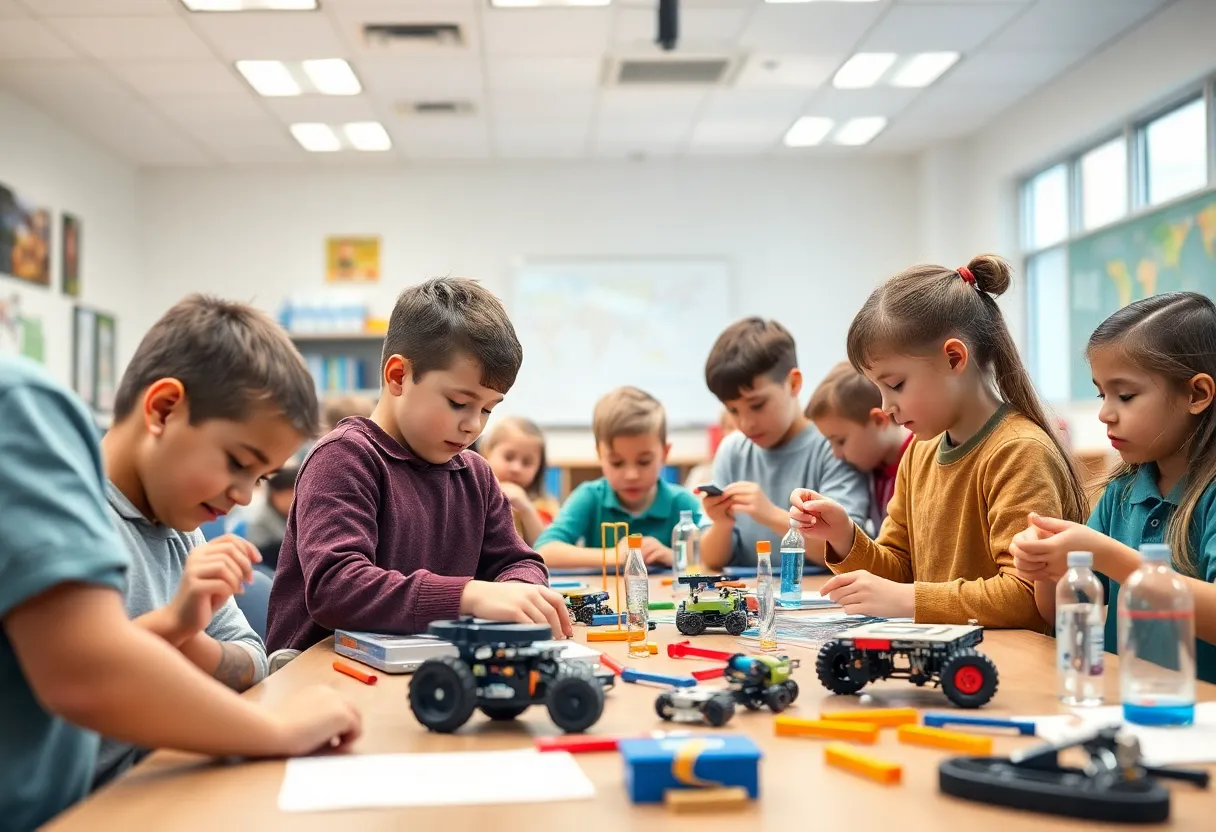 Students engaged in STEM activities in a modern classroom
