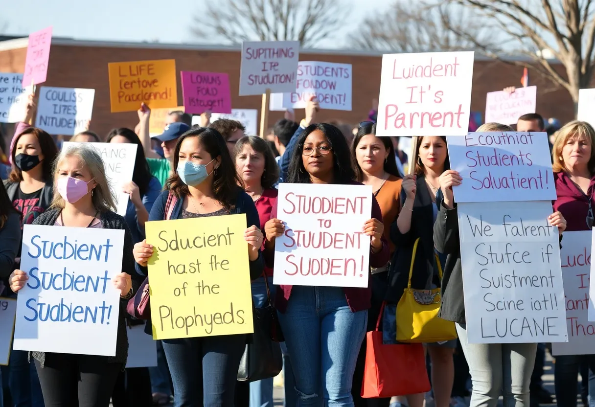 Teachers and parents gathering for a rally in Aiken, holding signs about student safety.