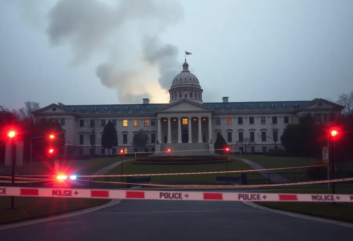 Police response at an arson attack site near a governor's residence
