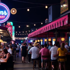 Nightlife scene in Augusta with people enjoying food and drinks.