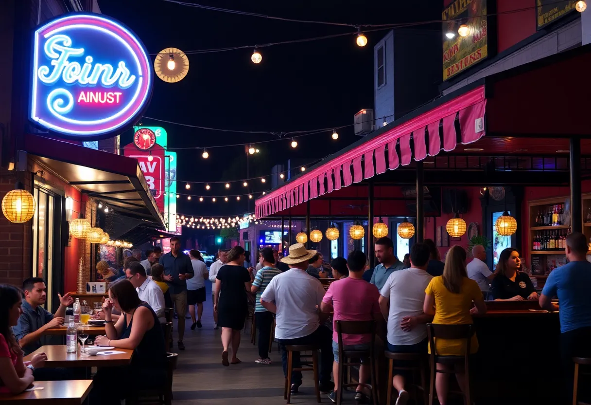 Nightlife scene in Augusta with people enjoying food and drinks.