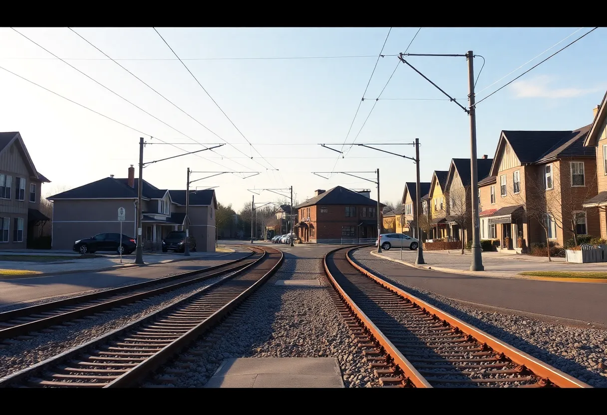 An intersection in Burnettown, SC with train tracks and surrounding residential areas.