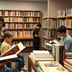 Diverse group of people in a library discussing books on LGBTQ representation.