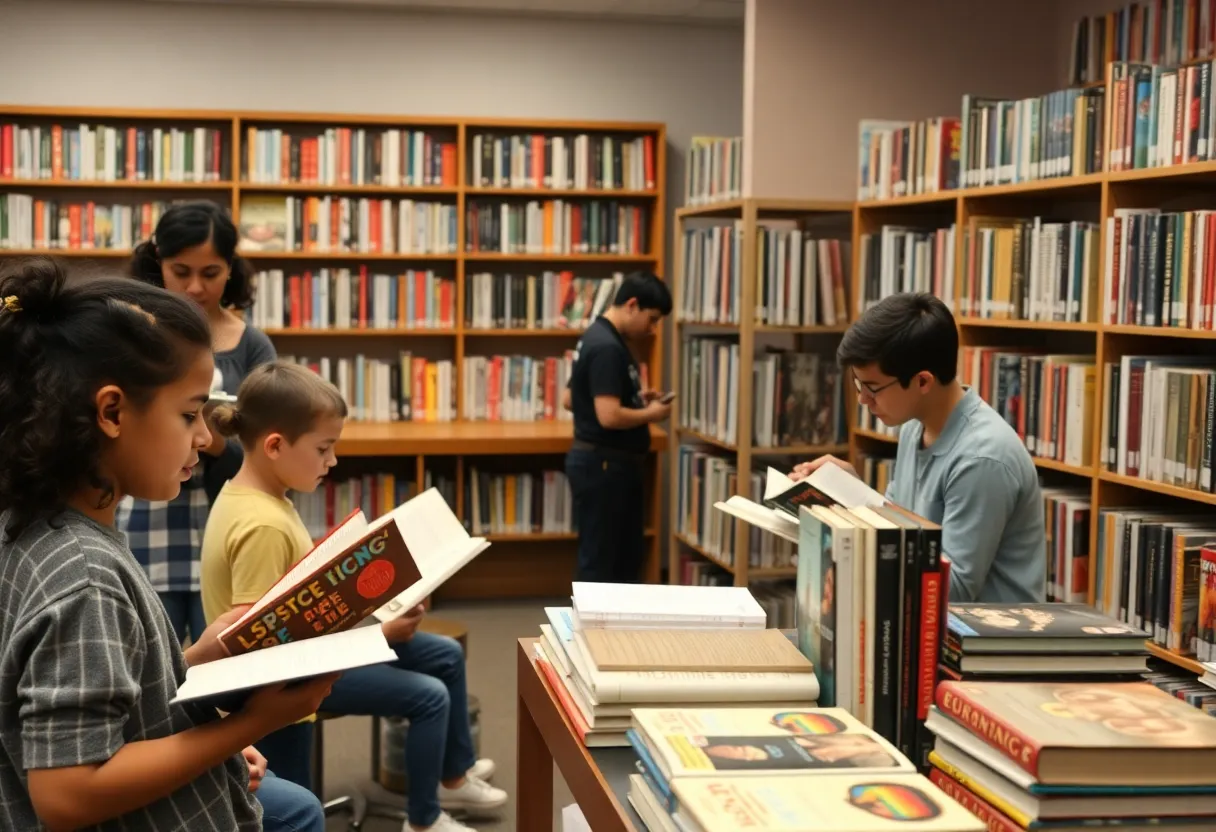 Diverse group of people in a library discussing books on LGBTQ representation.