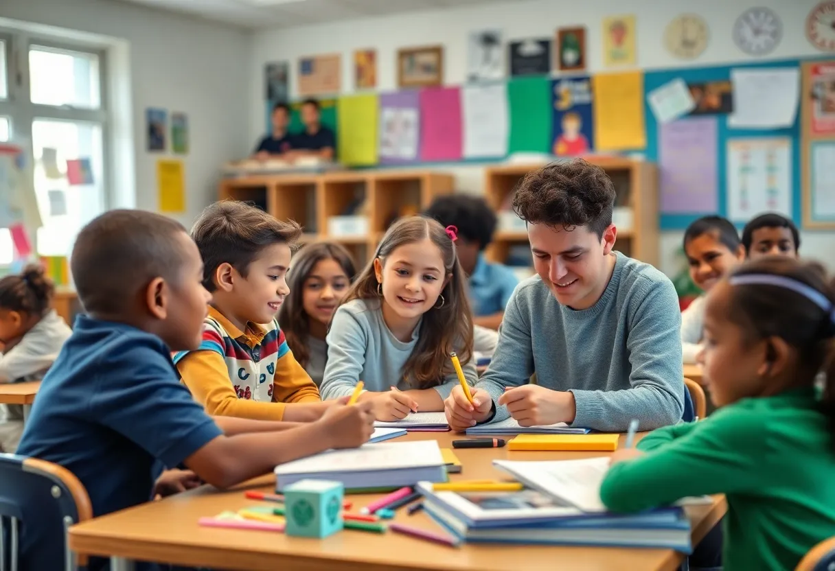 Diverse group of students learning together in a classroom