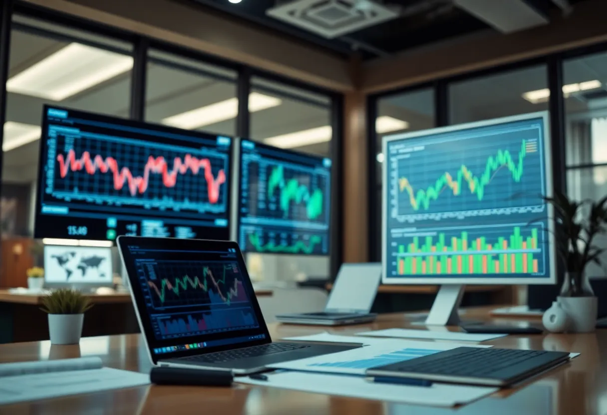 Financial analysis office with charts showing market trends