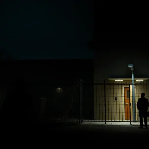 Dramatic lighting outside a state prison highlighting the somber atmosphere around executions