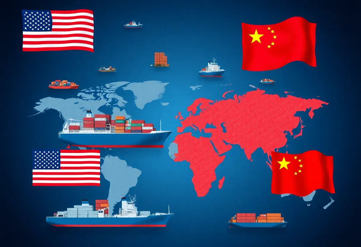Symbolic representation of global trade tensions with cargo ships and flags