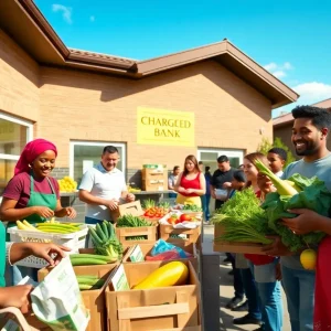 Community members gathering for the grand re-opening of Golden Harvest Food in Aiken, with fresh produce and volunteers visible.