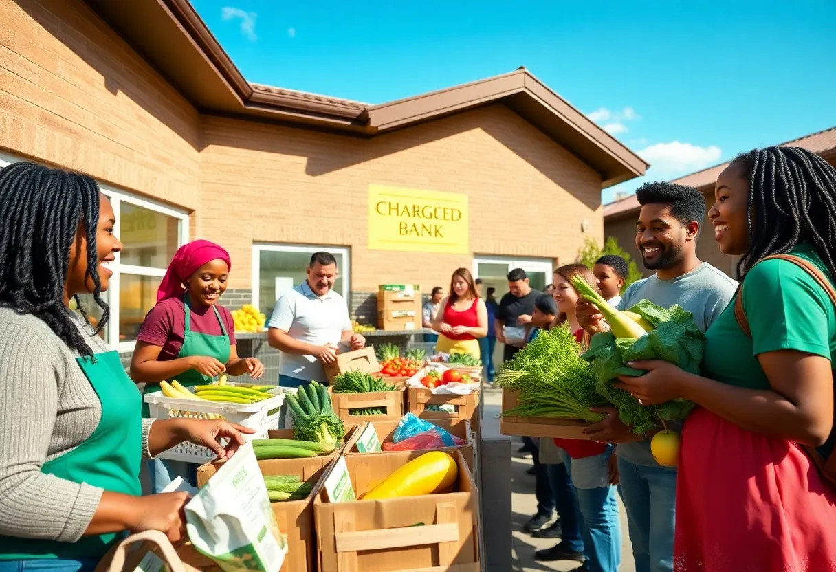Community members gathering for the grand re-opening of Golden Harvest Food in Aiken, with fresh produce and volunteers visible.