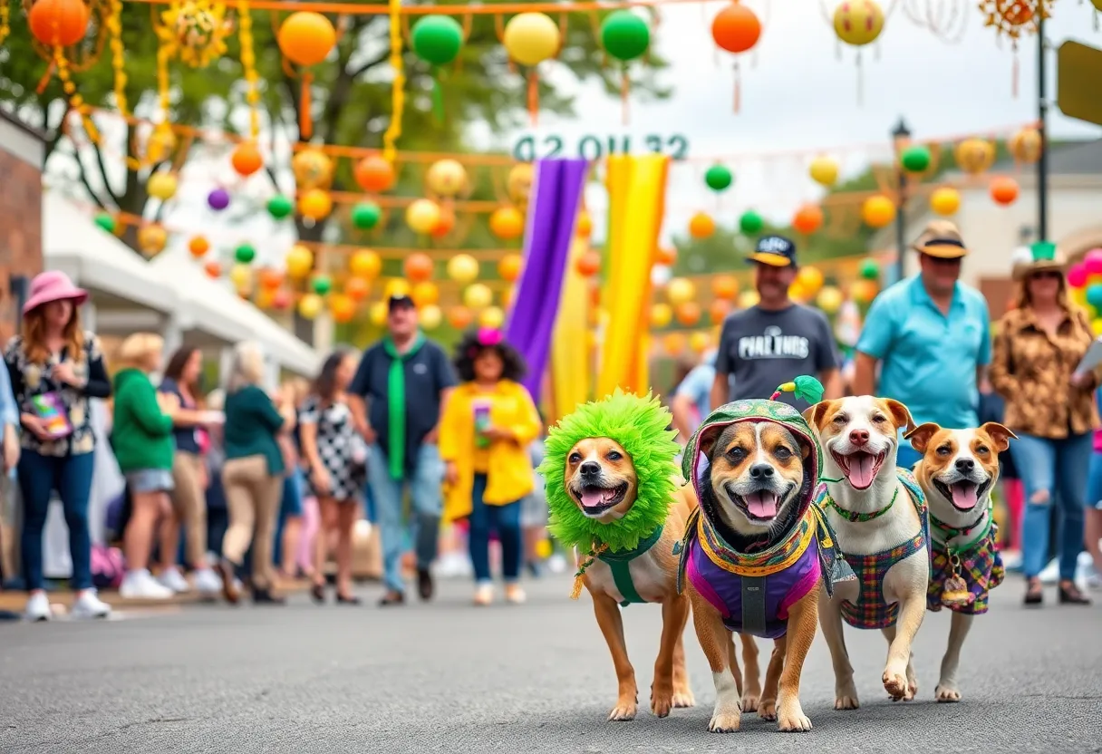 A lively Mardi Gras celebration in Aiken, SC, with colorful decorations and festive people.