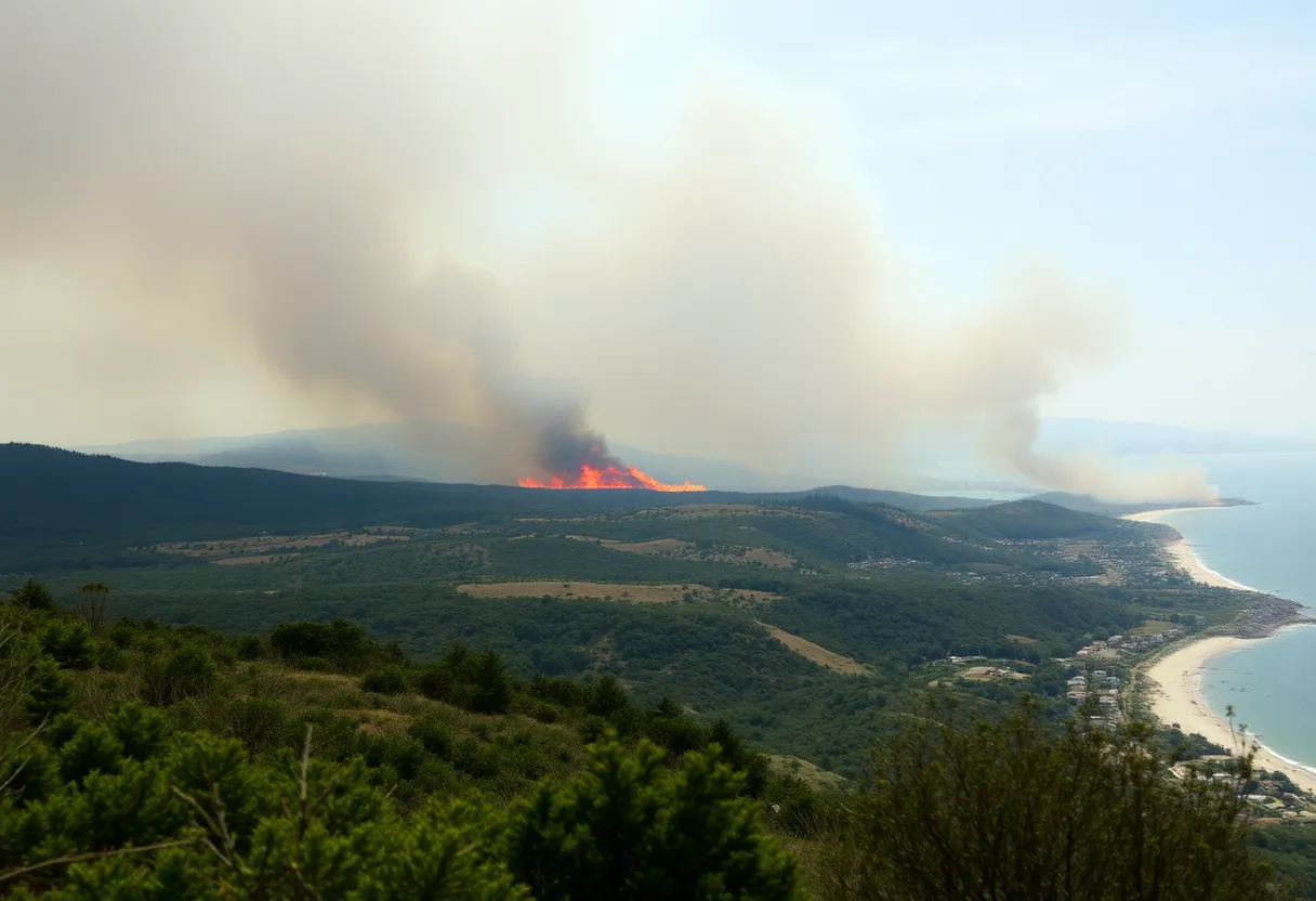 Aerial view of a wildfire near Myrtle Beach with thick smoke