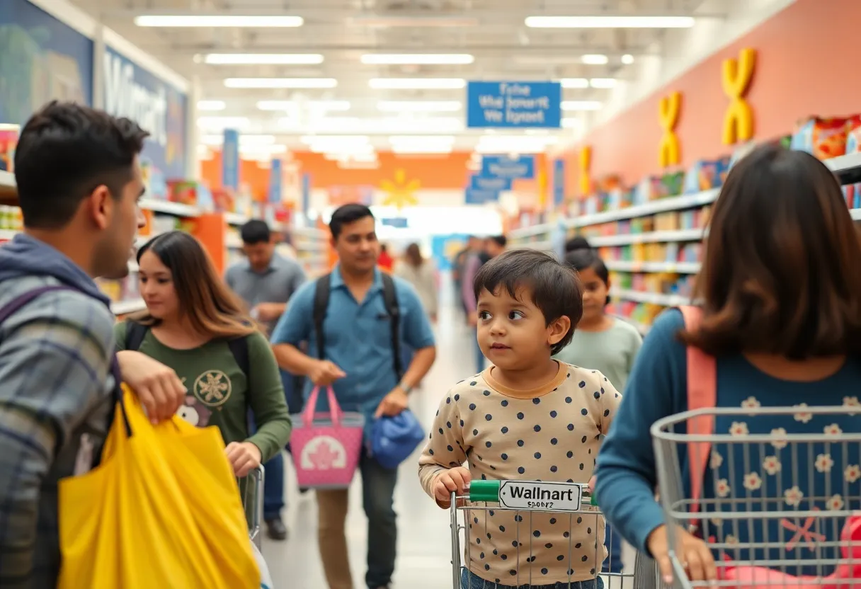 Families shopping at Walmart emphasizing community safety.