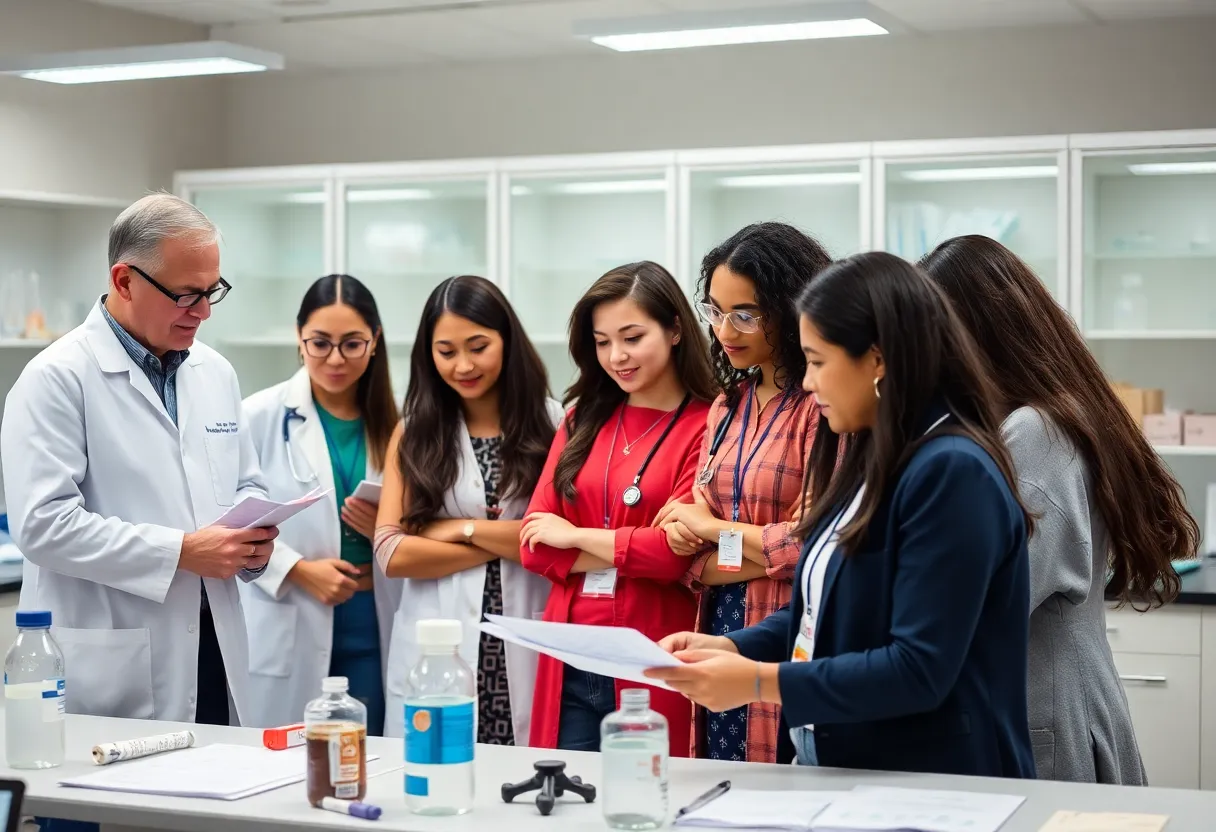 Medical professionals working on public health research in a university lab.