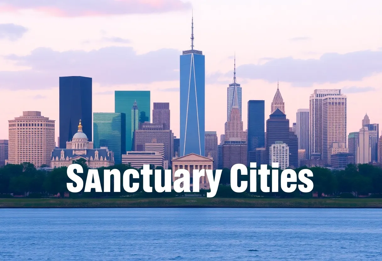 Illustration of a city skyline representing sanctuary cities and community trust.