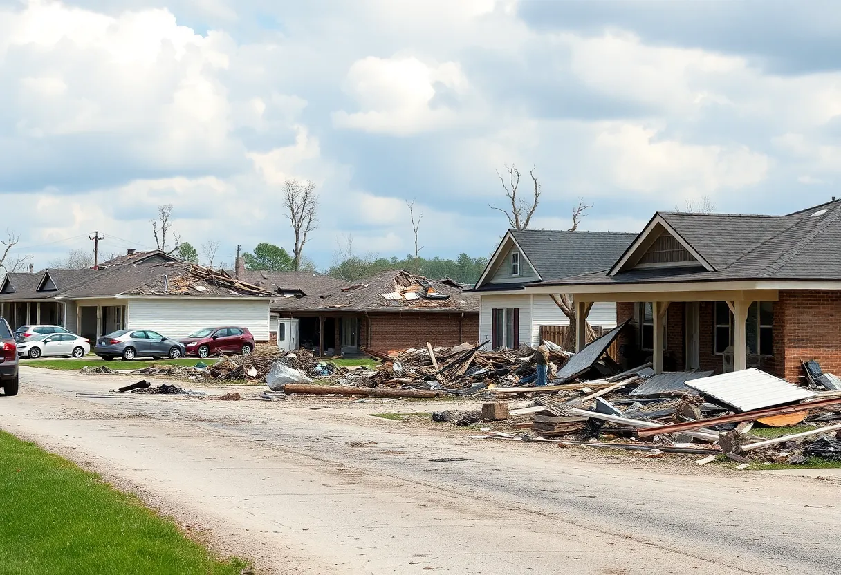 Destruction caused by a severe tornado in a neighborhood