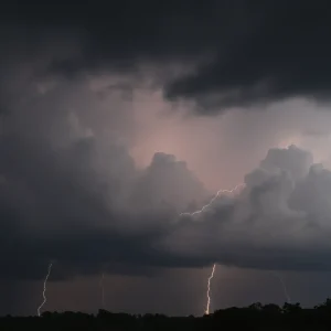 Dark clouds and lightning indicating a thunderstorm in Aiken County