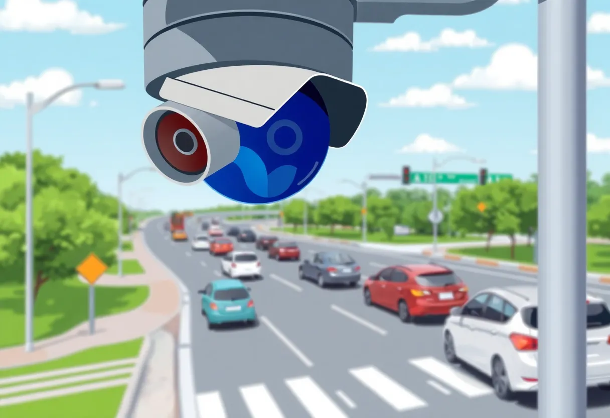 Traffic camera overseeing a city intersection for safety purposes