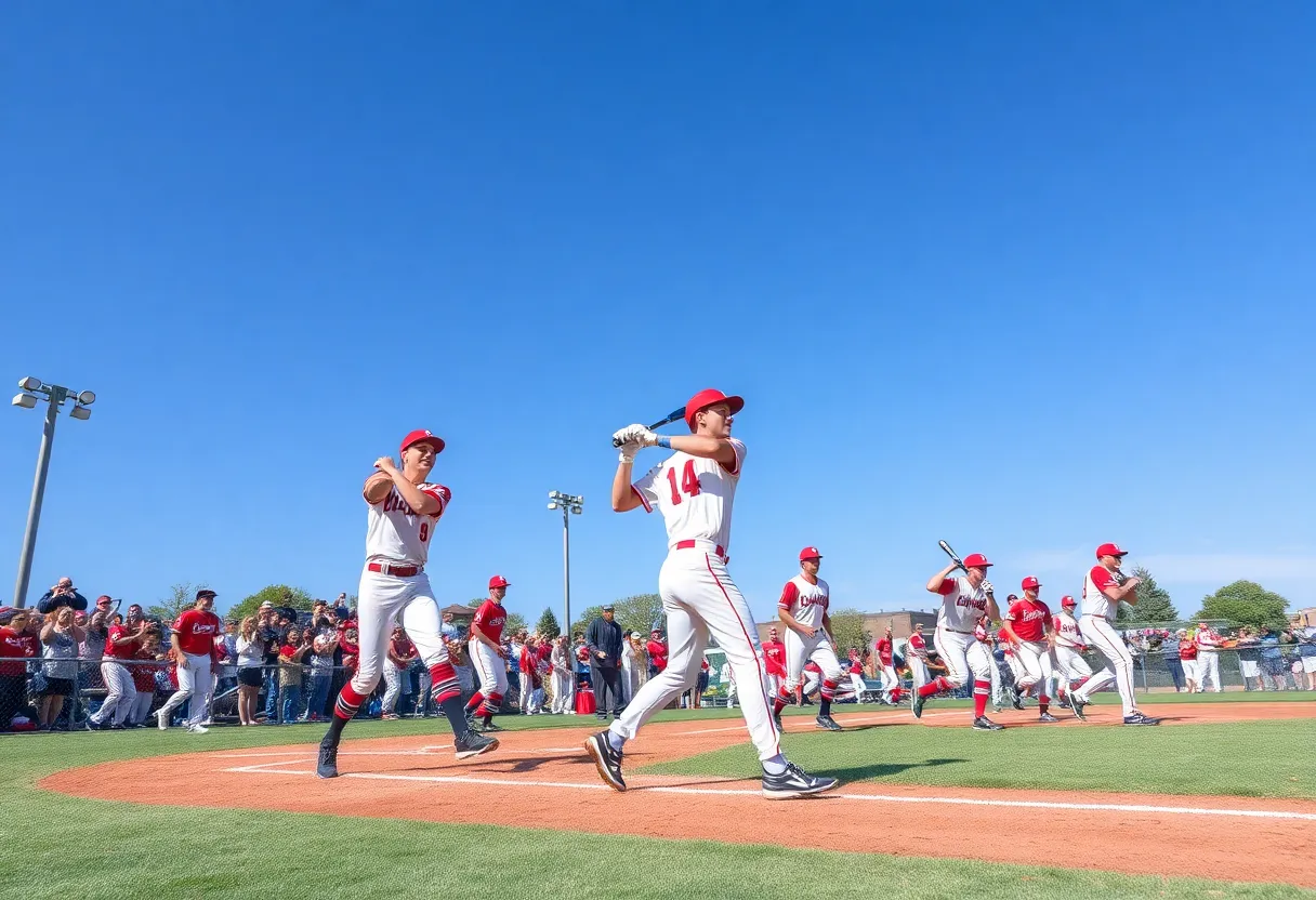 College baseball players in action during a game.
