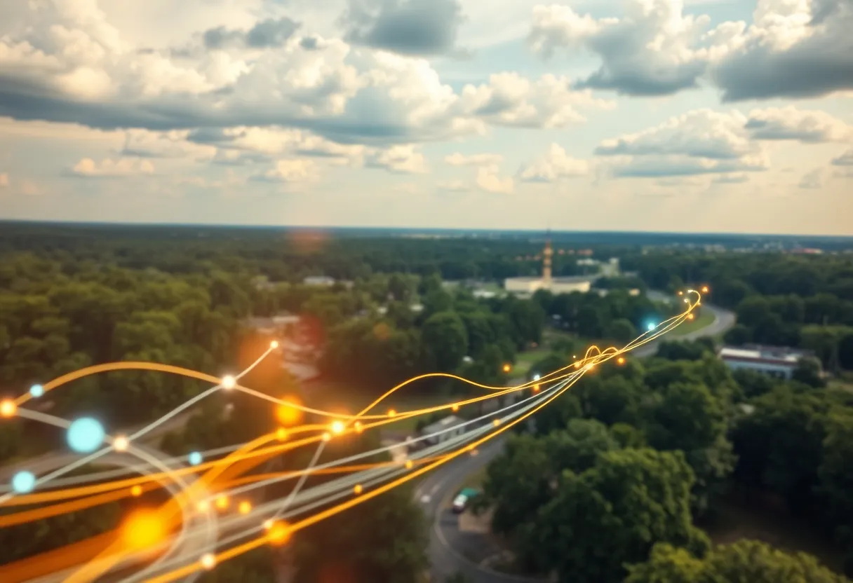 A scenic representation of Aiken County featuring elements of digital connectivity and broadband expansion.