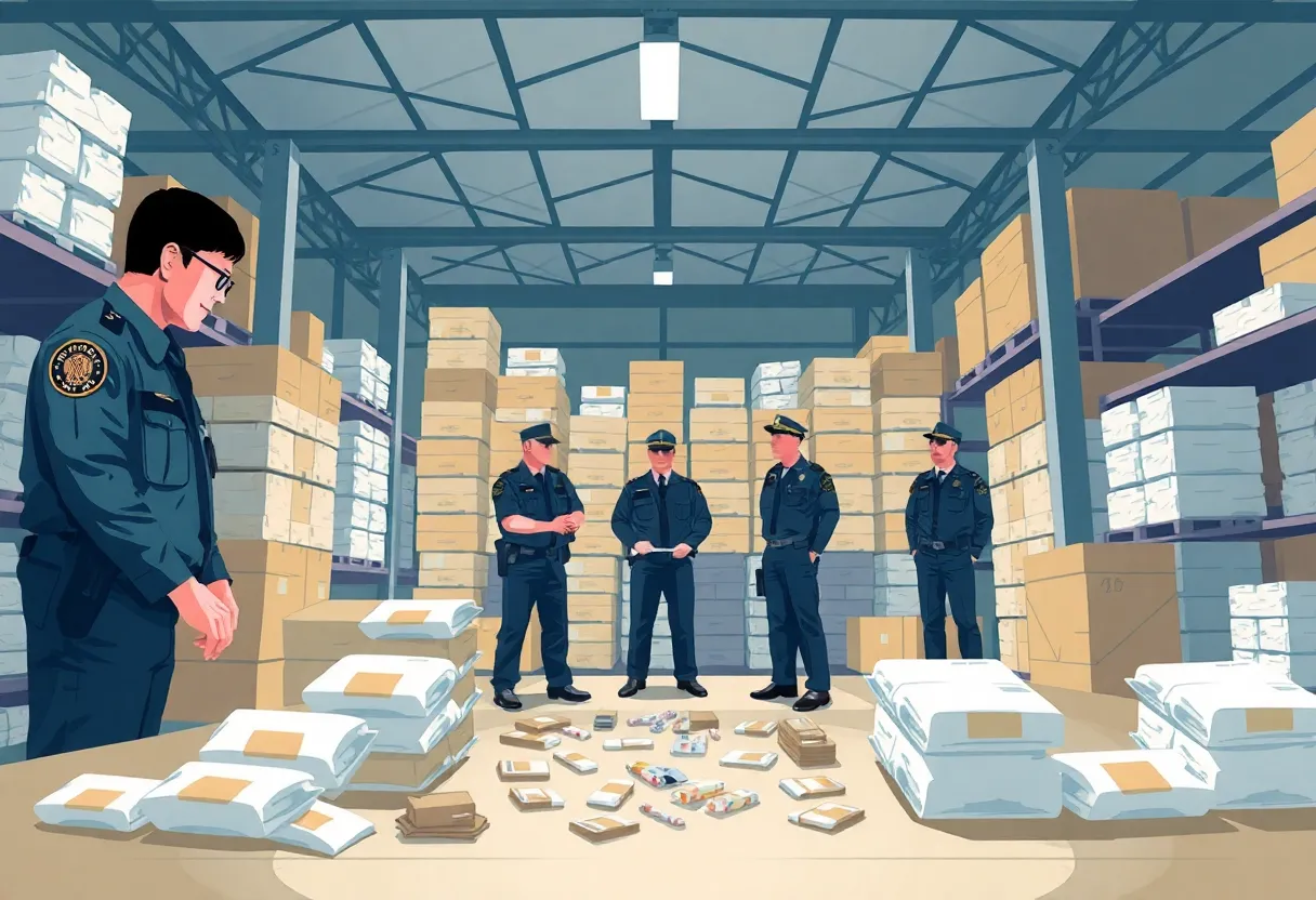 Law enforcement officers with seized illegal drugs in Aiken County warehouse