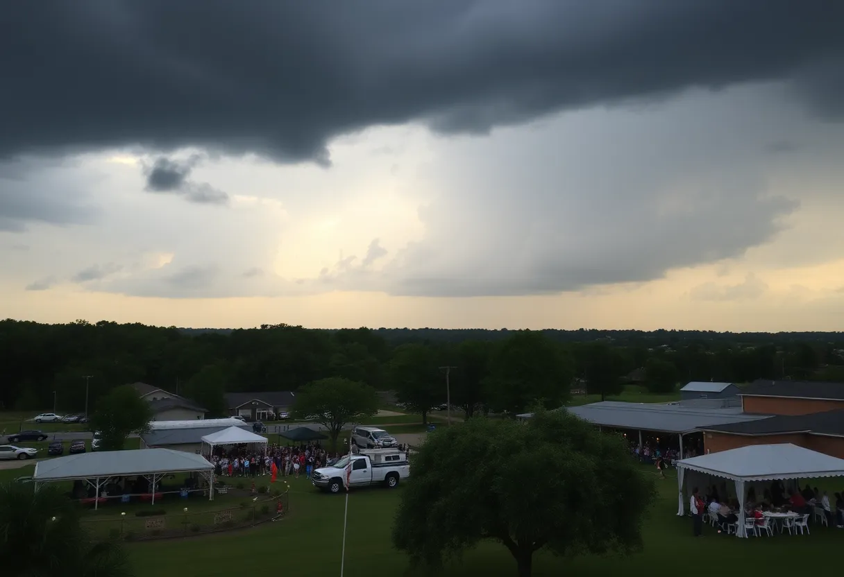 People attending a community event in Aiken County under cloudy skies