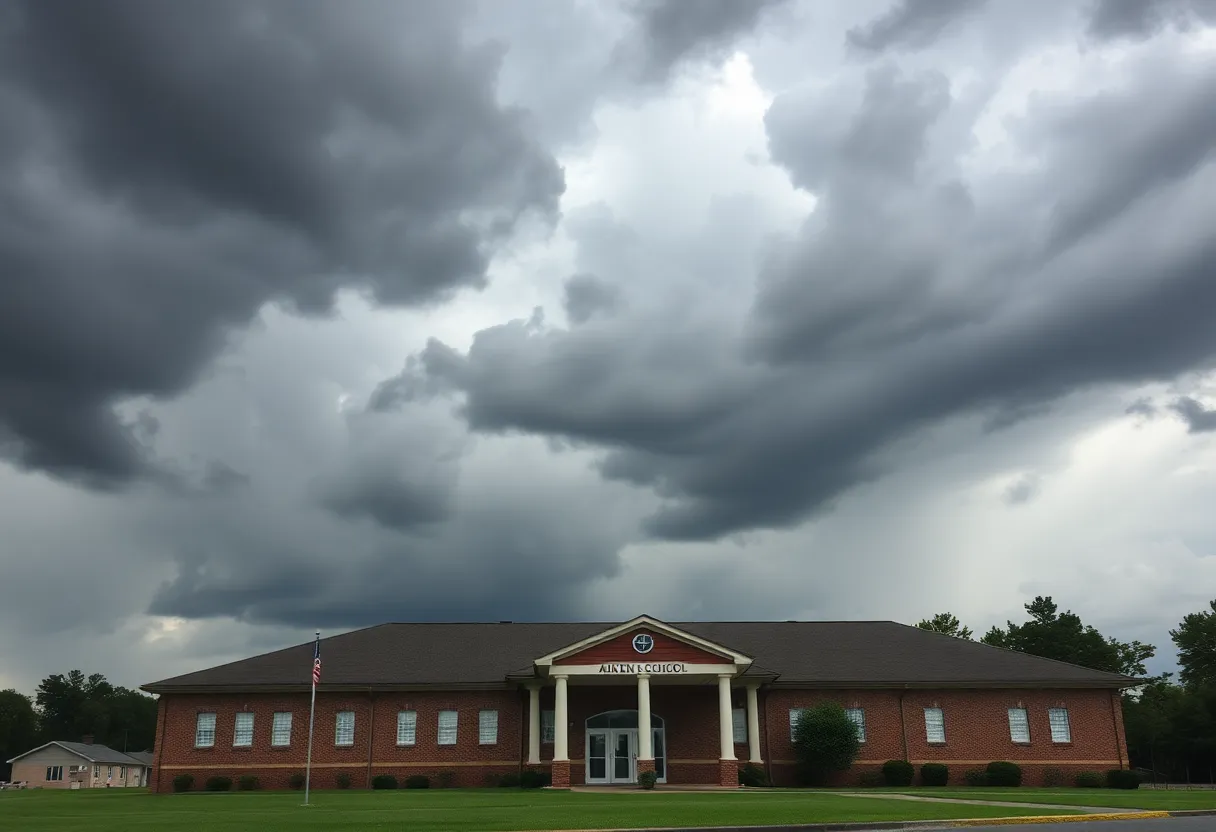 Storm clouds over Aiken County with a school building in view