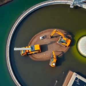 Construction site of the Aiken County wastewater treatment plant with active workers and equipment.