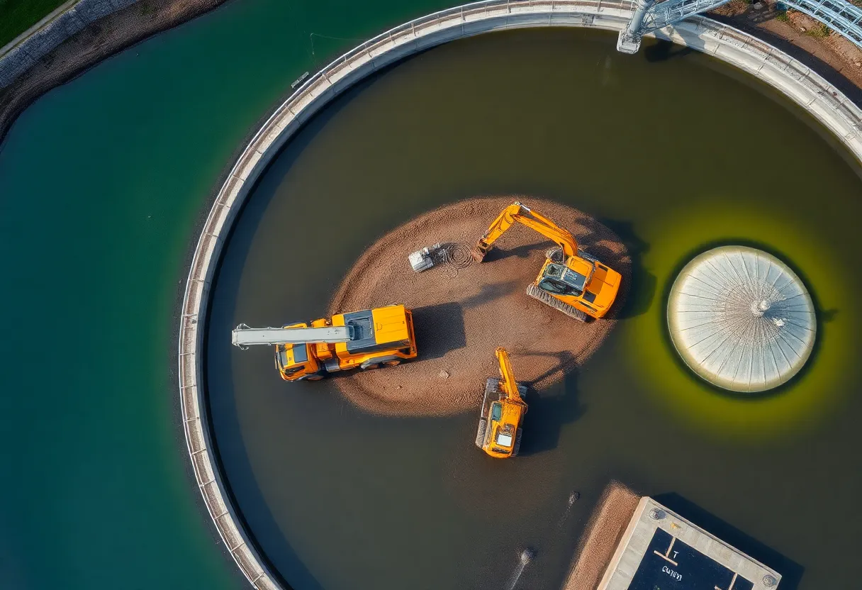 Construction site of the Aiken County wastewater treatment plant with active workers and equipment.