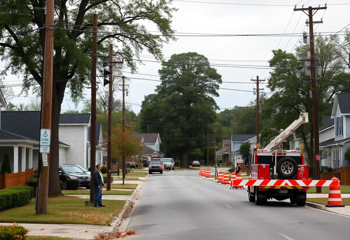Utility workers repairing power lines during Aiken power outage