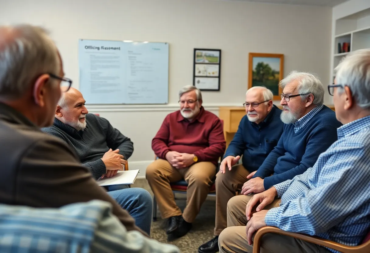 Seniors discussing online scams prevention at a meeting