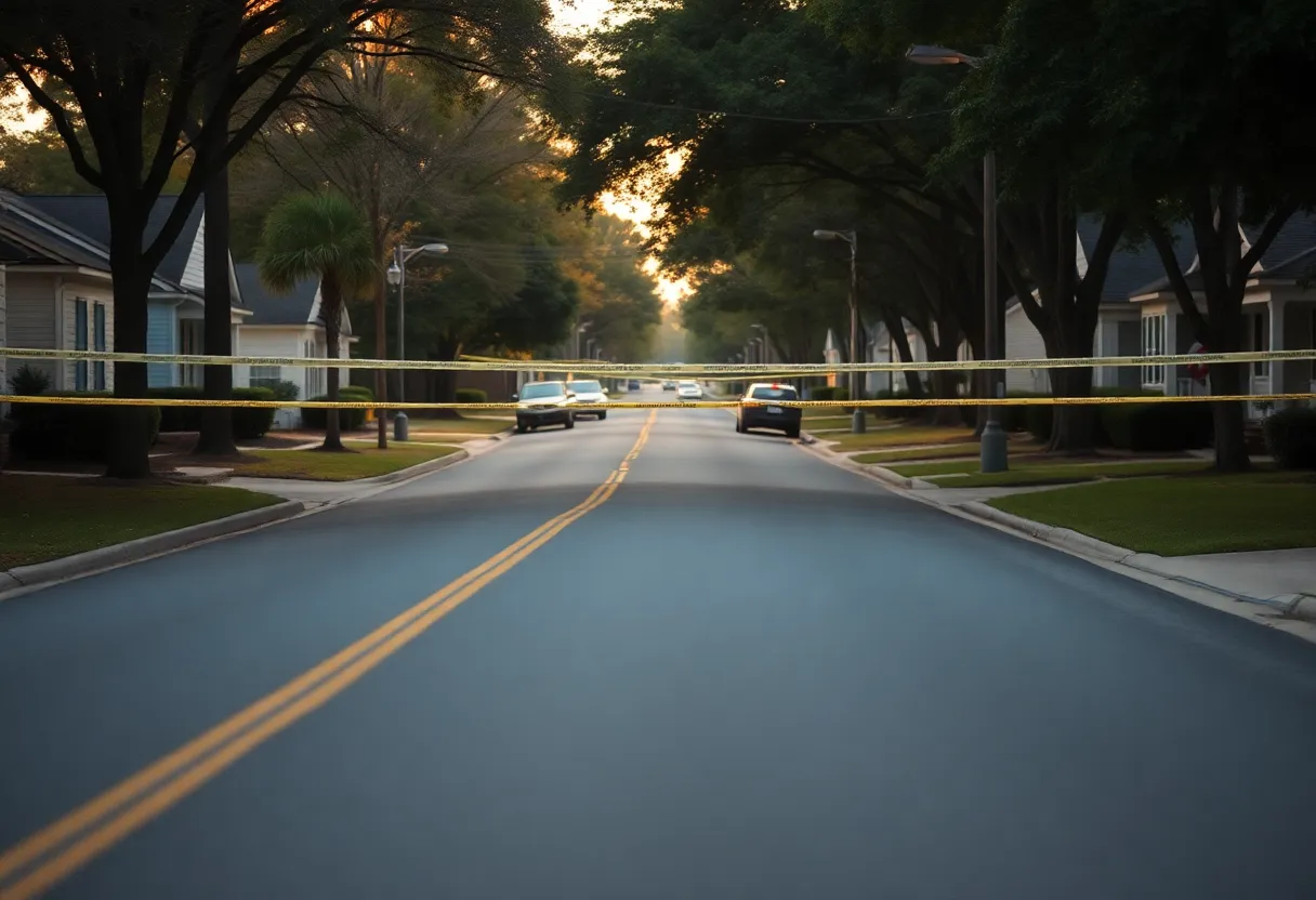 Police tape around a residential area in Warrenville, Aiken County