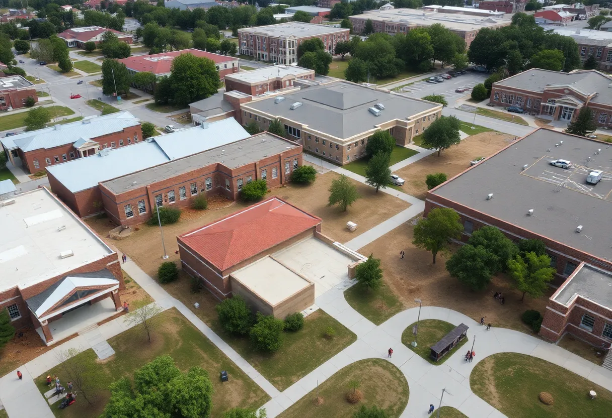 Aerial view of Augusta public high schools with students on campus