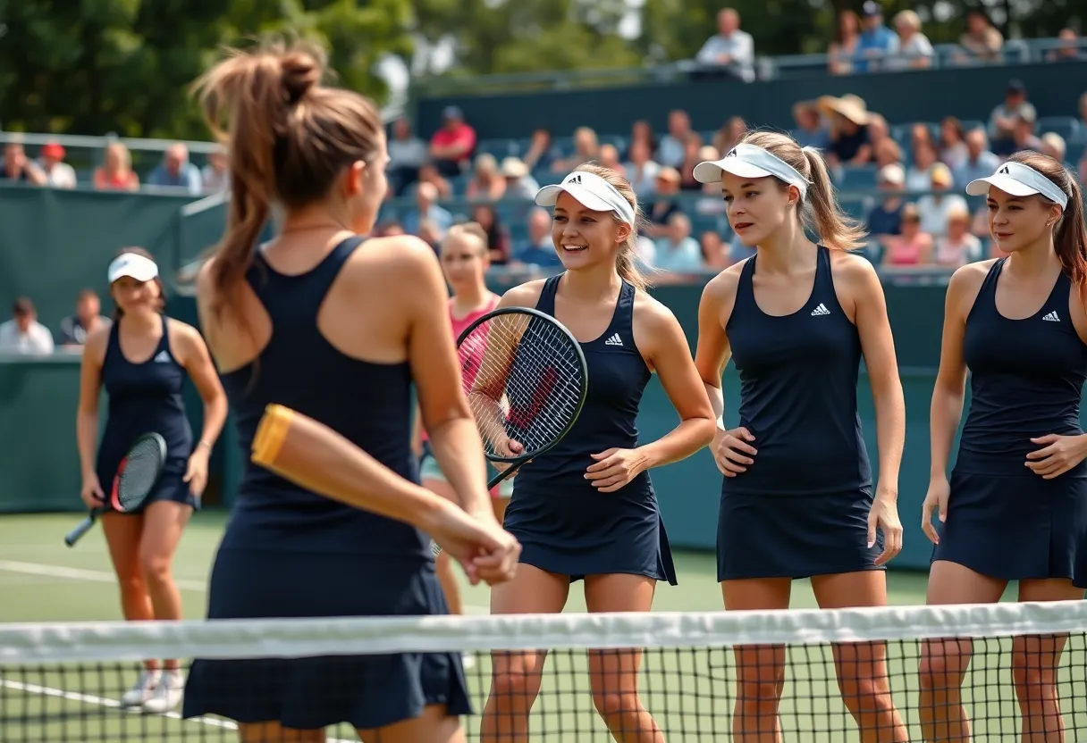 Female tennis players competing in a match with a scenic tennis court backdrop