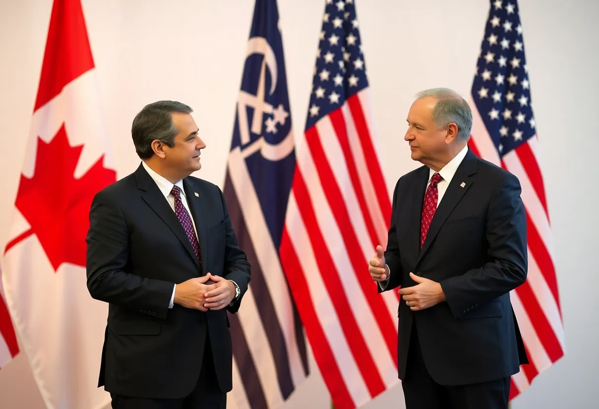 A meeting between Canadian and U.S. leaders discussing trade tensions.