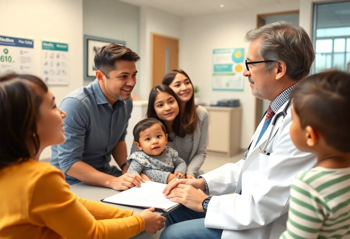 Doctor discussing vaccination with parents in a clinic