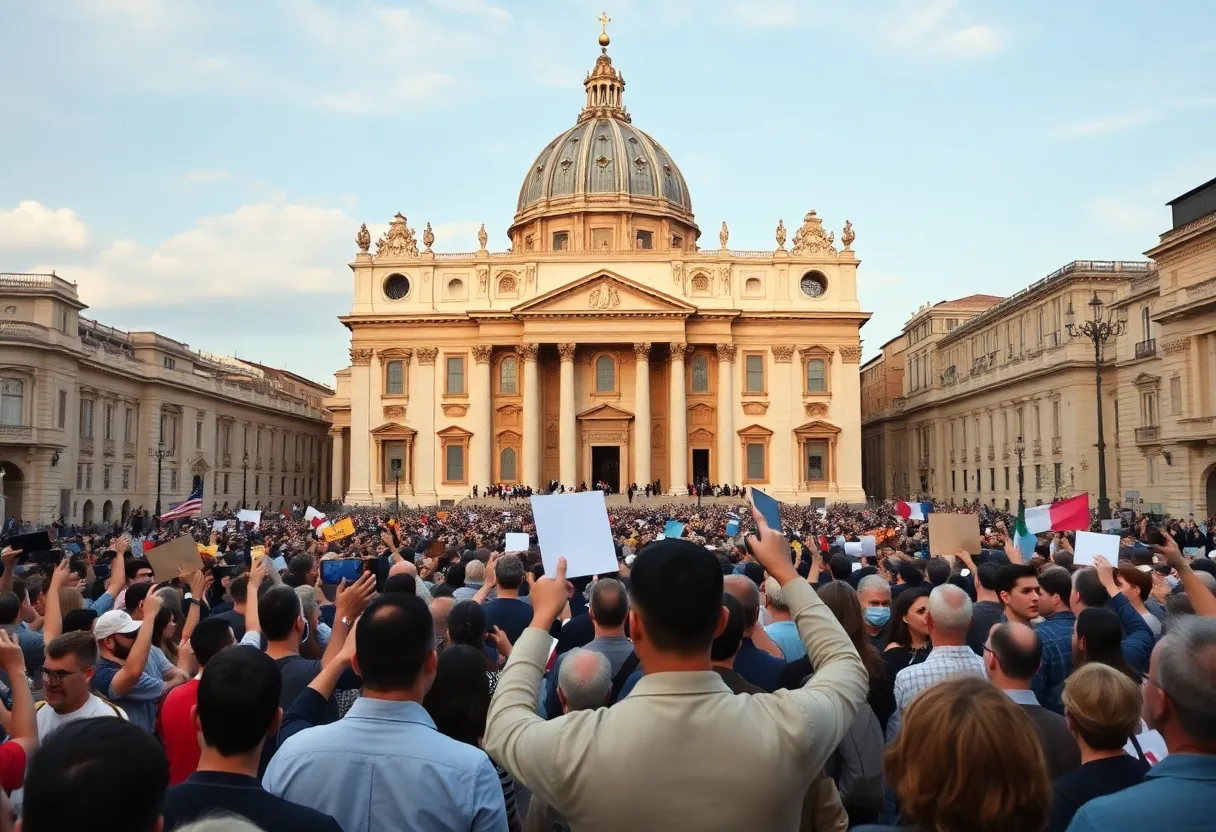 Crowd outside St. Peter's Basilica celebrating the election of the first American pope