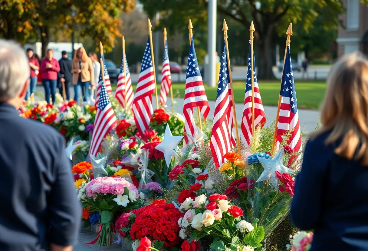 Memorial for Cpl. Matthew Dillon with flowers and flags