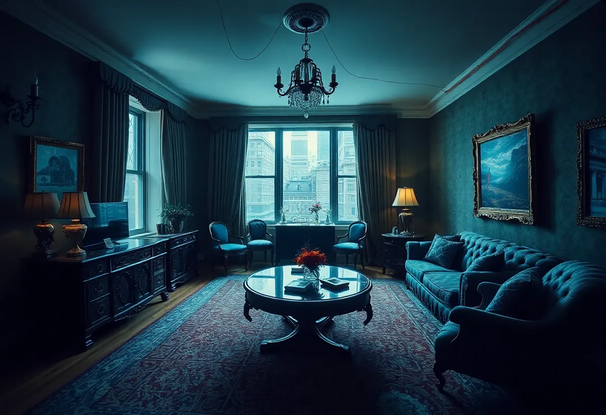 A disturbing scene in a luxurious apartment, suggesting crime and danger.