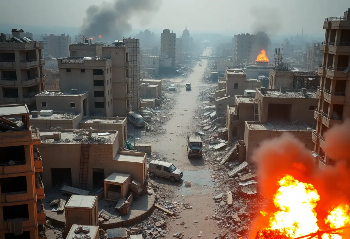War-torn city with destruction from drone strikes