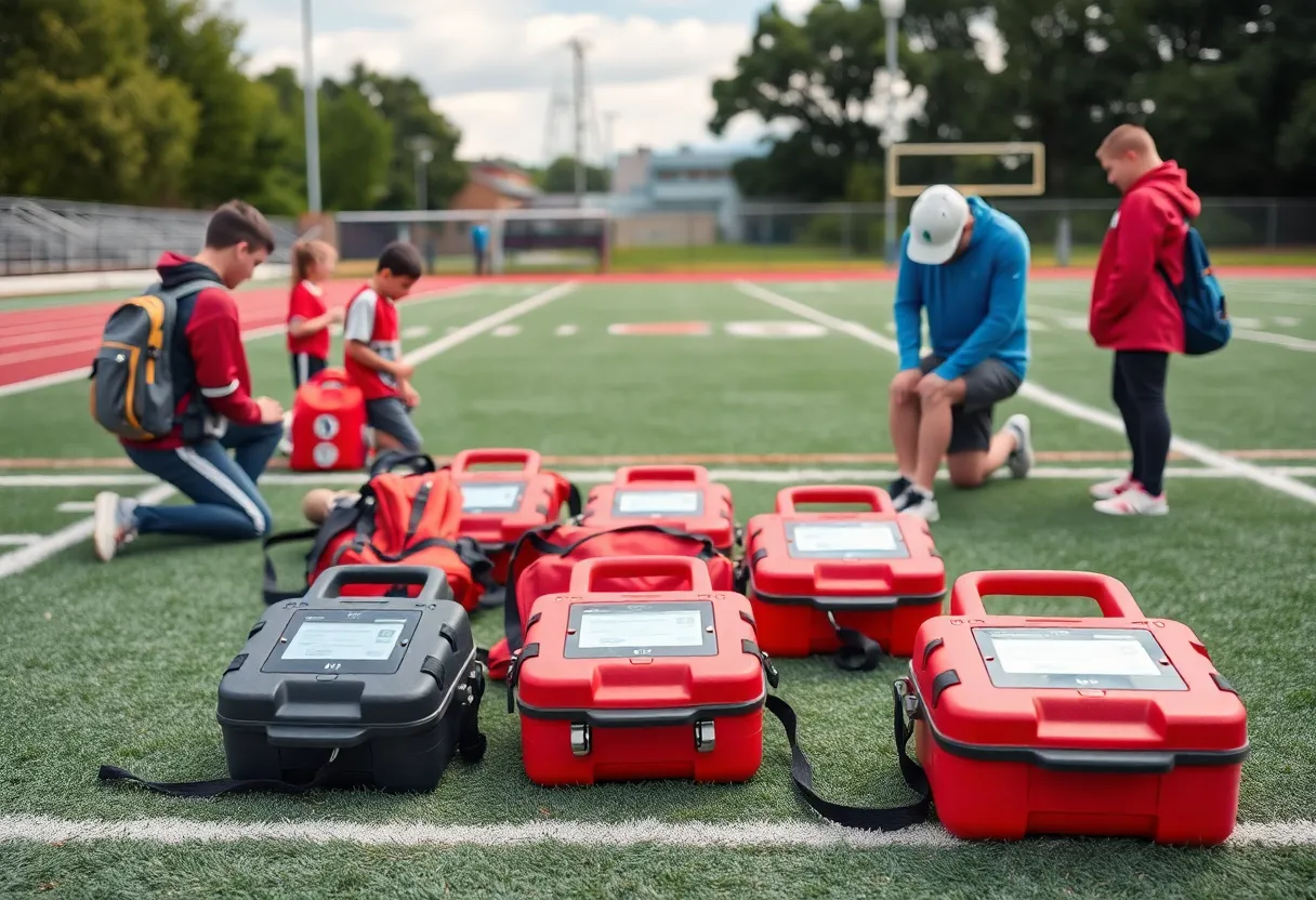 Students practicing emergency procedures on an athletic field