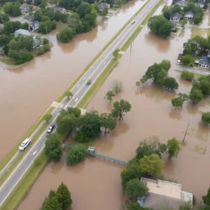 Aerial view of flooding in South Carolina with emergency services