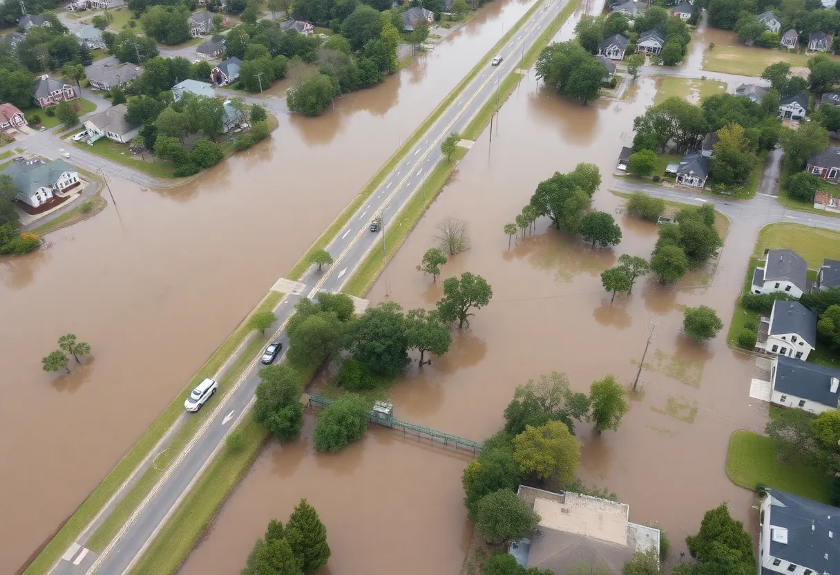Aerial view of flooding in South Carolina with emergency services