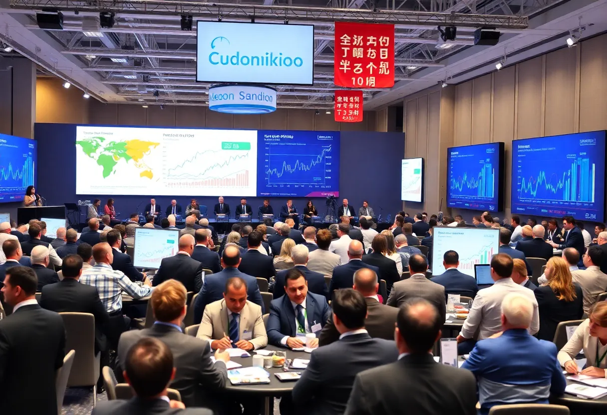 Attendees at a global business conference discussing trade policies.