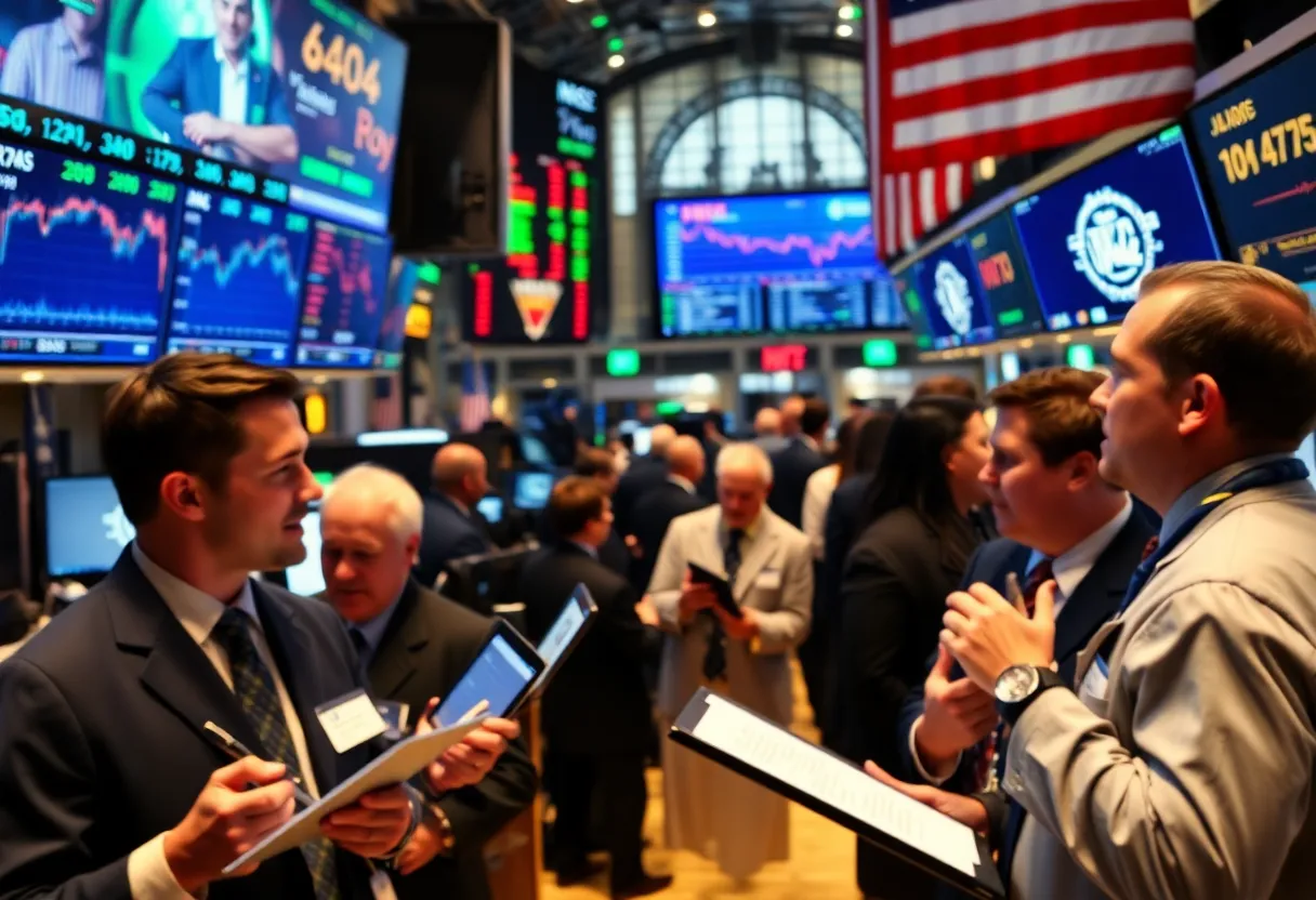 Traders in a bustling stock market reacting to news of a potential trade deal.