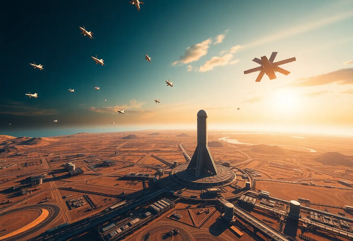 Visualization of the Golden Dome missile defense system featuring satellites and ground-based technology.