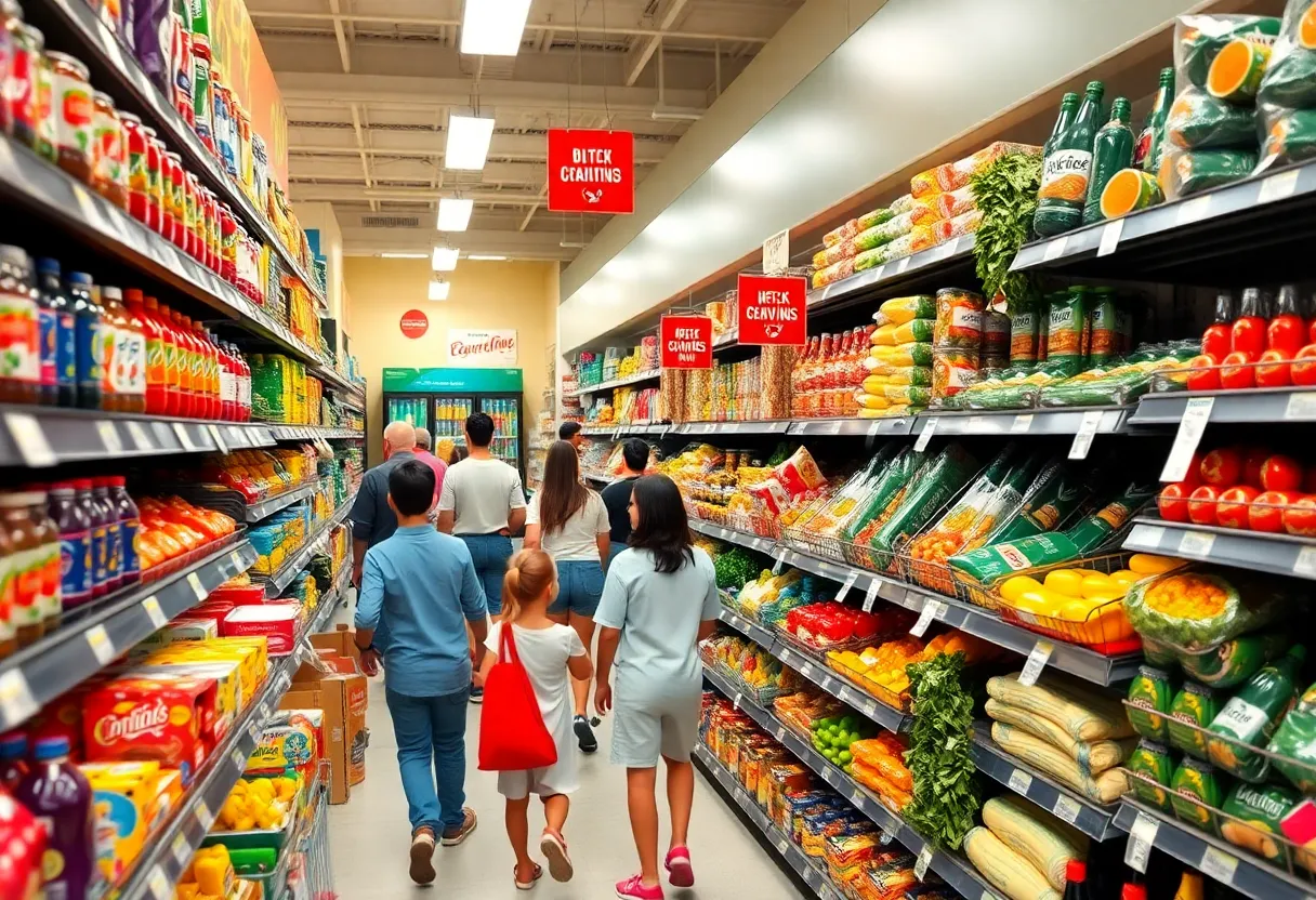 Grocery store aisle with healthy food options and restricted soda signs